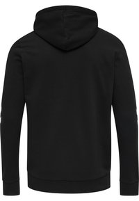 Svart huvtröja med lång ärm, tillverkad av mjukt tyg. Har ribbade ärmslut och midjeband, slät yta och inga synliga logotyper.