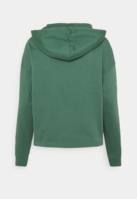 Zelená mikina s dlouhým rukávem a kapucí, zobrazená zezadu, s klesajícími ramenními švy a volným střihem.