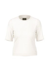 White short-sleeve T-shirt with a round neck, made of textured fabric. Features a subtle logo on the front hem and stitched seams.