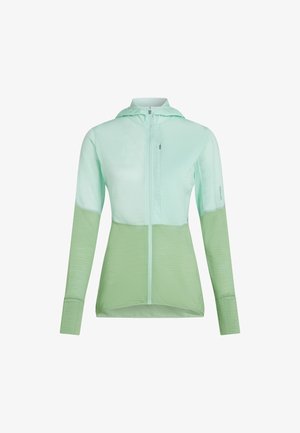 Chaqueta con capucha para mujer en verde claro y verde menta, con cremallera completa en la parte delantera y mangas largas con orificios para el pulgar.