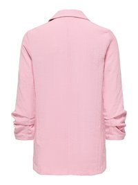 Blazer rose clair à manches longues avec poignets retroussés, couture droite au dos et finition en tissu texturé.