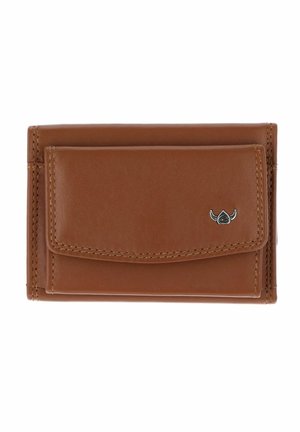 Portefeuille en cuir marron avec une poche à rabat avant et un petit logo argenté dans le coin inférieur droit, coutures visibles le long des bords.