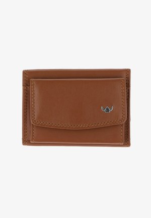Brown leather wallet with a front flap pocket and small silver logo on the lower right corner, visible stitching along edges.