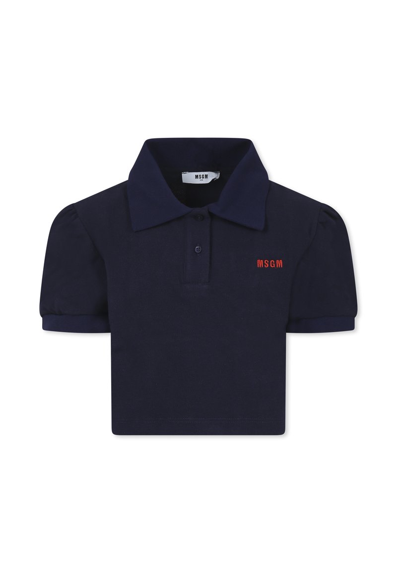 Donkerblauwe polo shirt met korte mouwen, een kraag, opgeblazen mouwen en een rood geborduurd "MSGM" logo aan de linkerzijde.