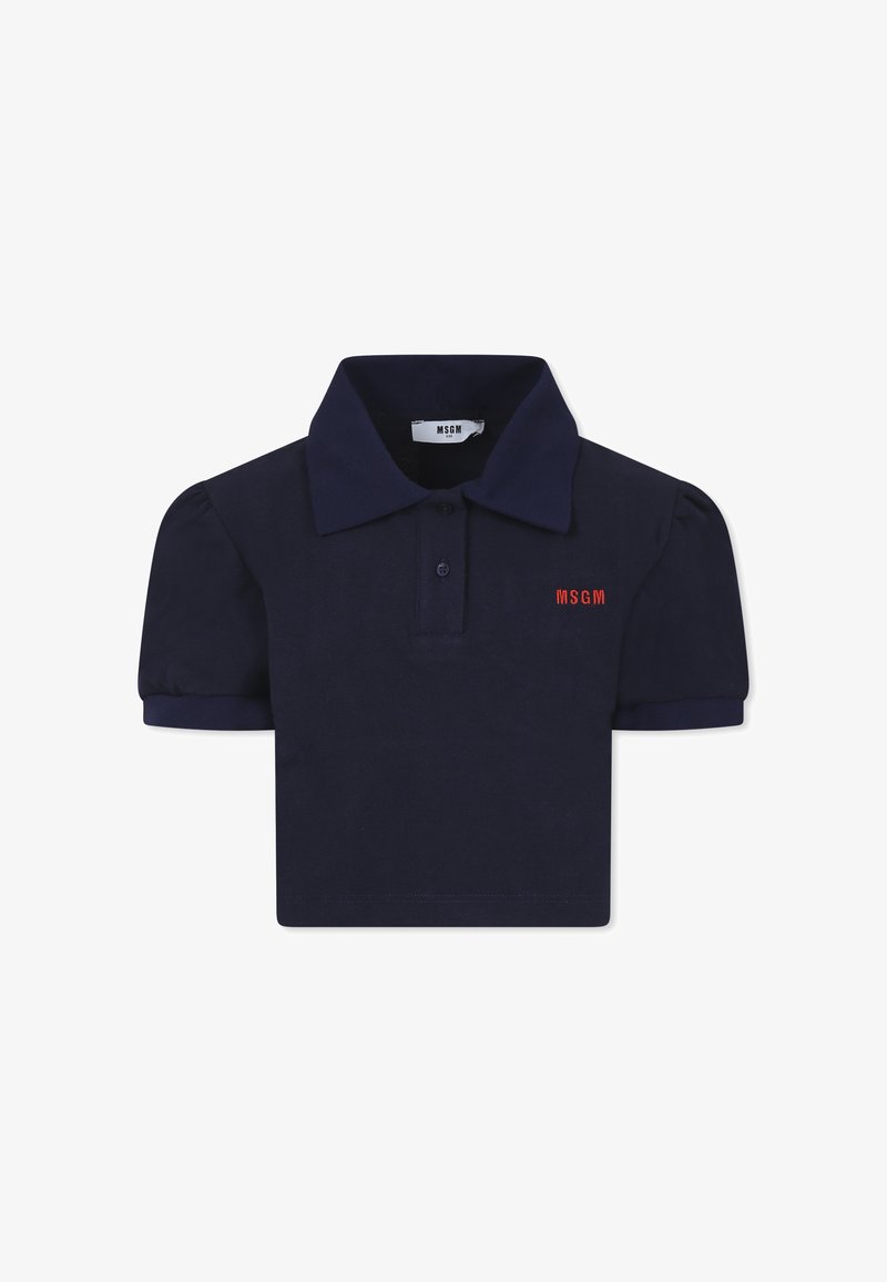 Polo shirt blu navy a maniche corte con colletto, maniche a sbuffo e logo "MSGM" ricamato in rosso sul lato sinistro.