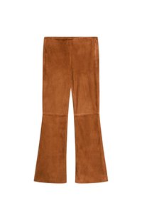 Bruna utsvängda byxor i mjukt mockamaterial. Slät yta utan synliga mönster eller hårdvarudetaljer.