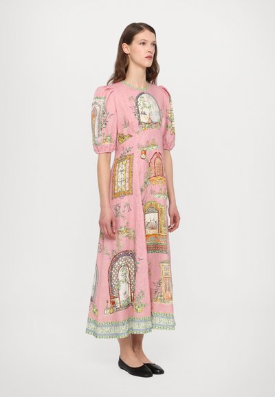 Pink linen dress with puff sleeves, featuring colorful window illustrations and floral accents. Below the knee length with a patterned hem.