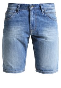 Modré denimové šortky s předními kapsami, poutky na opasek, zapínáním na knoflík a detaily s vybledlým efektem.