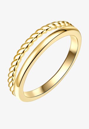 Złoty pierścionek z gładką obrączką z skręconym wzorem w górnej części, z polerowanym wykończeniem i zaokrąglonymi krawędziami.