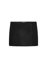 Zwarte geribde tricot mini-jurk met een rechte snit, voorzien van een klein logoaccent aan de zijkant en een elastische tailleband.