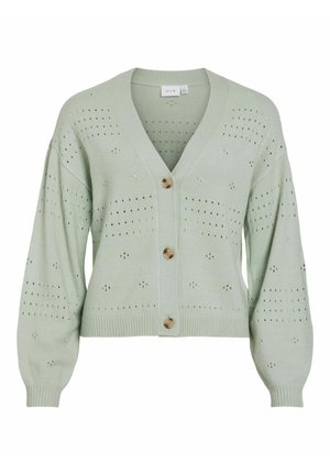 Light green knitted cardigan with a V-neck, three wooden buttons, and openwork patterns. Features balloon sleeves and ribbed hem.