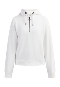 Biały polarowy hoodie wykonany z miękkiego materiału, z przodem na zamek błyskawiczny do połowy, regulowanym kapturem na sznurku oraz ściągaczami przy mankietach i u dołu.