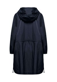 Giacca impermeabile blu marina con cappuccio, maniche lunghe, vita elastica e coulisse all'orlo. Realizzata in tessuto leggero e testurizzato.