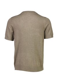 Kortärmad khakifärgad tröja, stickad struktur, rund hals, ribbade mudd och nederkant, slät yta, minimalistisk design, inga synliga mönster eller metalldelar.