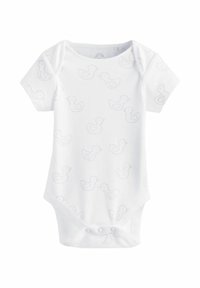 Short-sleeve white baby onesie made of soft cotton, featuring a subtle duck pattern in light gray. Snap closure at the bottom for easy dressing.