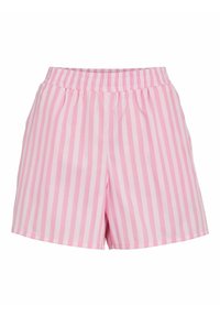 Różowo-białe szorty w paski z elastycznym paskiem w talii. Wykonane z lekkiego materiału, mają swobodny krój i nie mają kieszeni.