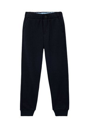 Pantalon bleu foncé en tissu texturé, avec une taille à bouton, deux poches latérales et des poignets élastiques au niveau des chevilles.