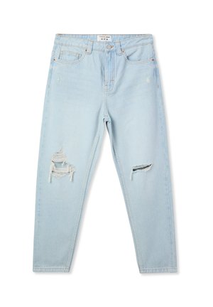 Jeans in denim azzurro chiaro, con un taglio a gamba dritta. Presentano strappi sfrangiati alle ginocchia e il classico stile a cinque tasche.