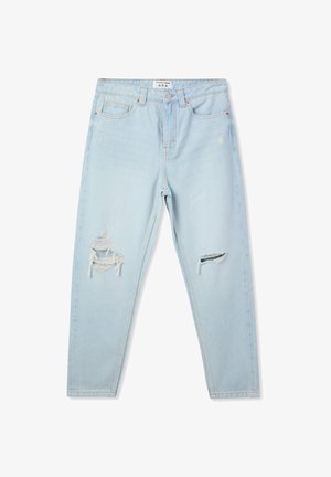 Jeans in denim azzurro chiaro, con un taglio a gamba dritta. Presentano strappi sfrangiati alle ginocchia e il classico stile a cinque tasche.