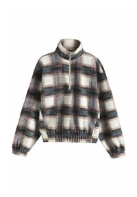 Rude fleece pullover med brune, sorte og hvide tern, halv lynlås foran, høj krave, elastiske manchetter og elastisk talje.