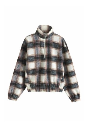 Pulover din fleece cu motiv tartan, în nuanțe de maro, negru și alb, cu fermoar la jumătate în față, guler înalt, manșete elastice și talie elastică.