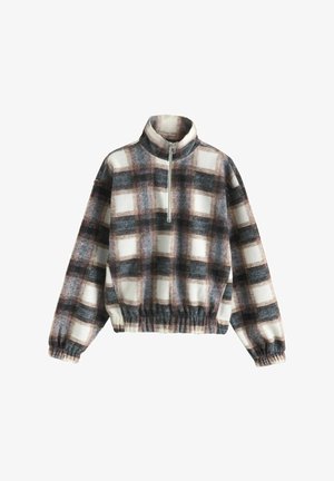 Geruite fleece pullover met bruine, zwarte en witte ruitjes, halve rits aan de voorkant, hoge kraag, elastische manchetten en elastische tailleband.
