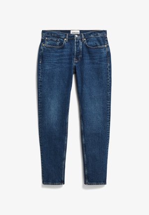 Dunkelblaue Denim-Jeans im geraden Schnitt, mit anderem Fünf-Taschen-Stil und kontrastierenden Nähten. Mittelhoher Bund mit Reißverschluss und Knopfverschluss.