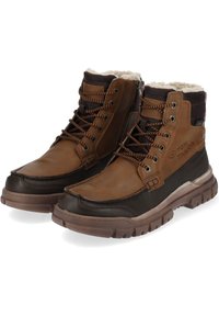 Brown leather boots with a textured finish, padded collar, and contrasting rubber sole; features brown laces and side zipper detail.