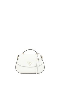 Borsa a mano in pelle bianca con forma strutturata, bordo nero, pattina frontale, texture gommoso e dettaglio logo in oro embossato. Include una tracolla removibile.