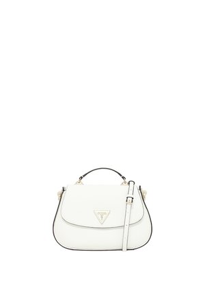 Borsa a mano in pelle bianca con forma strutturata, bordo nero, pattina frontale, texture gommoso e dettaglio logo in oro embossato. Include una tracolla removibile.