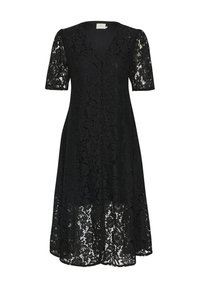 Black lace dress with short sleeves, V-neck, front buttons, and floral patterns. Flowing silhouette, knee-length with a layered texture.
