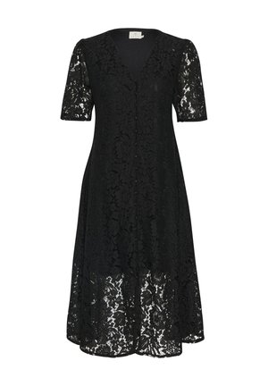 Mustad pitsiga must pitskleit lühikeste varrukatega, V-kaelusega, esipaneelil nööbid ja lillemustrid. Voolav siluett, põlve pikkune ja kihiline tekstuur.