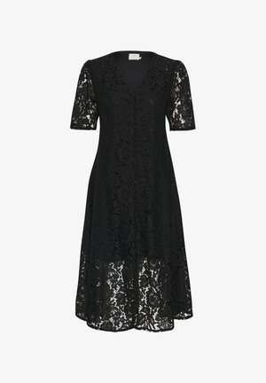 Mustad pitsiga must pitskleit lühikeste varrukatega, V-kaelusega, esipaneelil nööbid ja lillemustrid. Voolav siluett, põlve pikkune ja kihiline tekstuur.