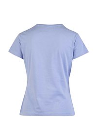 Helles blaues Baumwoll-T-Shirt mit kurzen Ärmeln, rundem Halsausschnitt und glatter Oberfläche. Die Rückansicht zeigt eine figurbetonte Form und saubere Nähte.