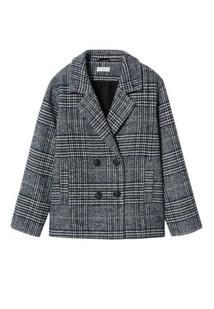 Dwurzędowy szary i czarny płaszcz z wełny w kratę z szerokimi klapami i przednimi kieszeniami, pokazany na płasko na białym tle.