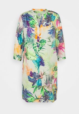 Lightweight long-sleeve dress with tropical leaf pattern in green, purple, blue, orange, and pink tones, featuring a partial button front.