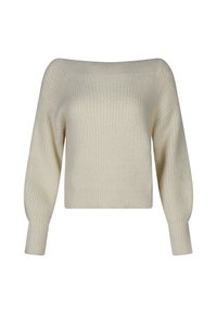 Pull en tricot couleur crème avec un grand col, de longues manches bouffantes, et des poignets et un ourlet côtelés.