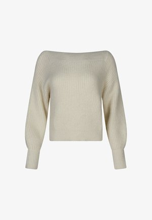 Pull en tricot couleur crème avec un grand col, de longues manches bouffantes, et des poignets et un ourlet côtelés.