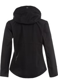 Veste noire à capuche avec manches longues, taille cintrée et détails de coutures au dos et à la capuche, vue de dos.