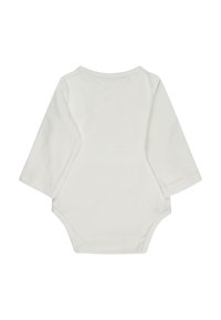 White long-sleeve baby bodysuit with crew neckline, smooth fabric, and snap closures at the bottom, shown from the back.