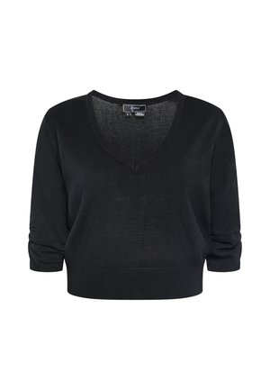Čierny skrátený sveter s výstrihom do V, trojštvrťovými rukávmi a rebrovanými manžetami. Vyrobený z mäkkého, ľahkého pleteného materiálu.