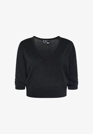 Fekete, rövidített pulóver V-nyakú kivágással, háromnegyedes ujjal és bordázott mandzsettával. Puha, könnyű kötött anyagból készült.
