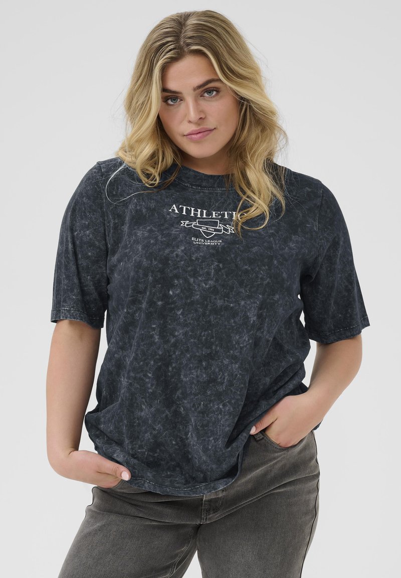 Dark gray acid-wash T-shirt with short sleeves, rounded neckline, and white "ATHLETIC" graphic on the front. Cotton blend material.