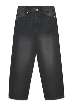 Jeans neri a gamba larga realizzati in denim, con un classico design a cinque tasche e chiusura con bottone in vita, con leggere sfumature di colore.