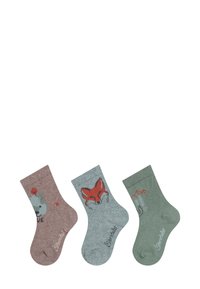 Drei Paare Kindersocken: braun mit einem Panda-Design, grün mit einem Fuchs und hellgrün mit einem verspielten Muster. Jedes Paar hat gerippte Bündchen.