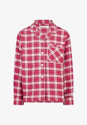 Red and white plaid pajama top, long sleeves, button-up front, soft cotton fabric, featuring a chest pocket with an accent trim.