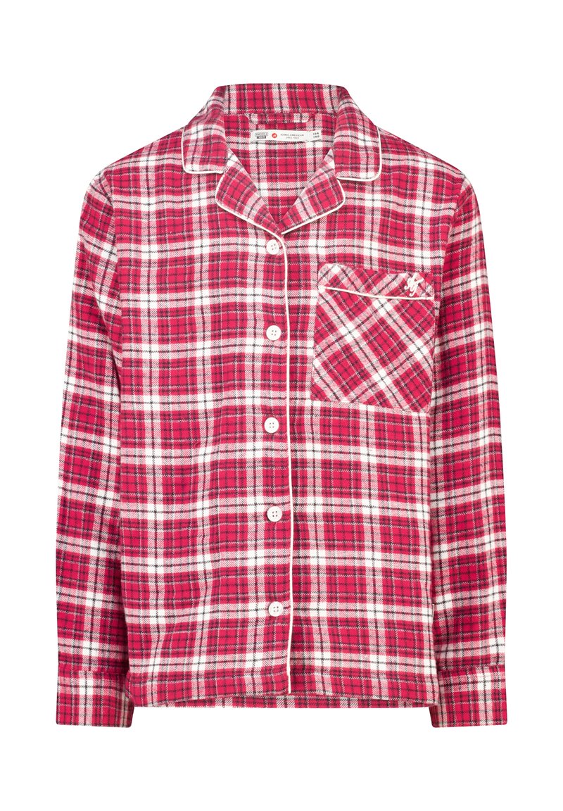 Rood-wit geruite pyjama blouse, lange mouwen, knoopsluiting aan de voorkant, zachte katoen stof, met een borstzak met accentborden.