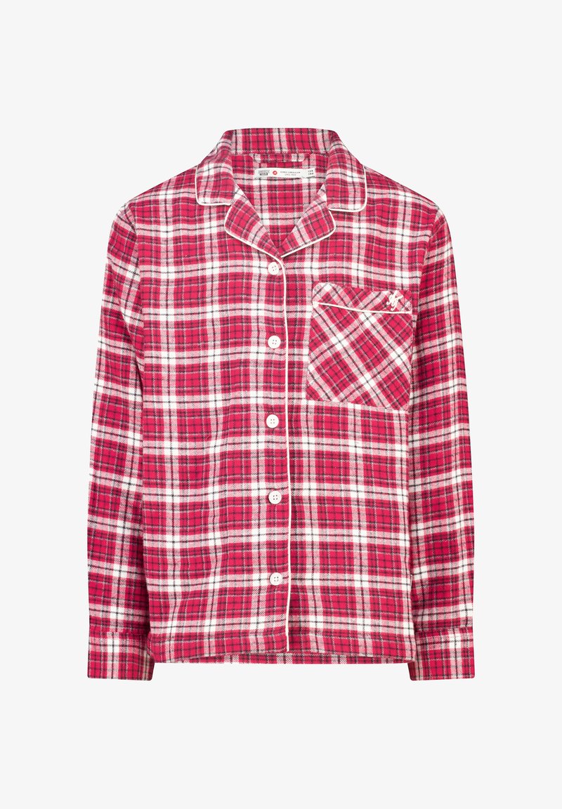 Maglietta da pigiama a quadri rossi e bianchi, maniche lunghe, chiusura con bottoni, in morbido tessuto di cotone, con una tasca sul petto con bordo decorativo.