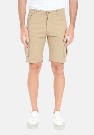 Pantaloni cargo color kaki con tasche laterali, realizzati in tessuto di cotone. Presentano una linea dritta, dettagli di cucitura e una chiusura con bottone.