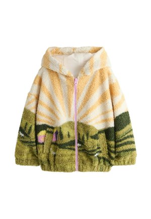 Sherpa-Kapuzenpullover mit einem pinken Reißverschluss, ausgestattet mit einem bunten Landschaftsdesign in Gelb und Grün mit Sonnenstrahlen und Hügeln. Weicher, texturierter Stoff.